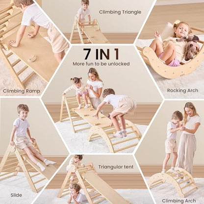 Belleur 7-in-1 Climbing Toys for Toddlers 1-3 Years Old, Foldable Wooden Pikler Triangle Set Indoor, Montessori Climbing Set with Arch, Ramp & Ladder - Natural - color: Natural