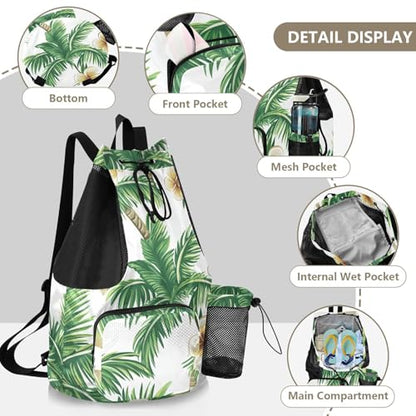 Drawstring Climbing Gym Bag With Water Bottle Pocket Drawstring Backpack with Wet Dry Compartments Palm Summer Tree