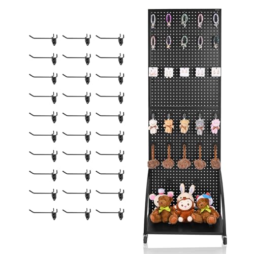 VEVOR Standing Pegboard Display with Base Plate, 23.7 x 66 in Pegboard Display Stand with Casters and 30 Hooks, Thickened Cold-Rolled Steel Peg Board Panel for Retail Store and Jewelry Shop, Black - style: Storage Style