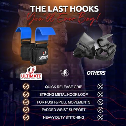 Ultimate Weight Lifting Steel Hooks Pair Heavy Duty Gym Lifting Hooks Wrist Straps - Heavy Lifting - Deadlift Straps for Powerlifting Adjustable Neoprene Fitness Workouts