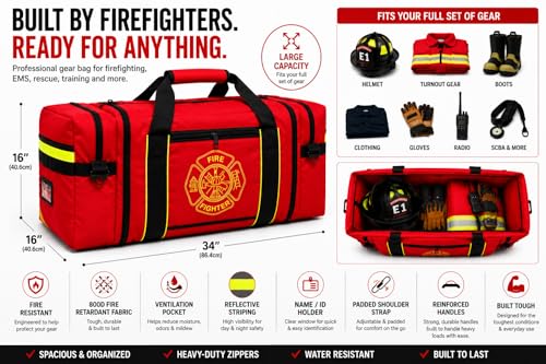 Firefighter Turnout Gear Bag – Heavy Duty Fire Resistant Equipment Duffel with Ventilation Pocket, Reflective Striping, Name Holder & Padded Shoulder Strap – Fireman Gear Bag (Red)