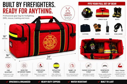 Firefighter Turnout Gear Bag – Heavy Duty Fire Resistant Equipment Duffel with Ventilation Pocket, Reflective Striping, Name Holder & Padded Shoulder Strap – Fireman Gear Bag (Red)