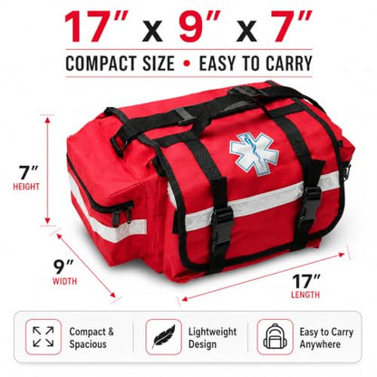 NOVAMEDIC NM-RO63P Professional First Responder Bag, 17” x 9” x 7” Empty EMT Trauma Kit Carrier with Removable Dividers, Reflective Strips, Water-Resistant Base for Emergency Medical Supplies (Red) - color: Red