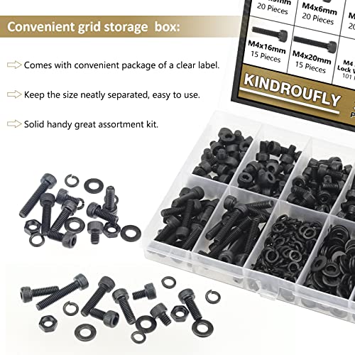 382 Pieces Black M4 x 5/6 /8/10 /12/16 /20mm Hex Socket Head Cap Screws Nuts Washers Assortment Kit, 12.9 Grade Alloy Steel - size: M4, style: Socket Head