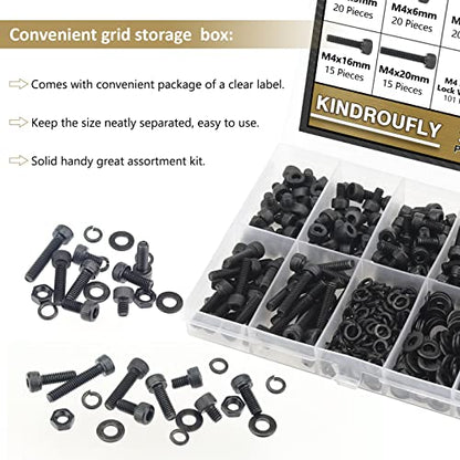 382 Pieces Black M4 x 5/6 /8/10 /12/16 /20mm Hex Socket Head Cap Screws Nuts Washers Assortment Kit, 12.9 Grade Alloy Steel - size: M4, style: Socket Head
