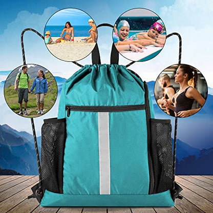 BeeGreen Teal String Backpack Bag Cinch Sack with Shoe Compartment and Two Zipper Pockets and Two Side Mesh Pockets Lightweight Large Drawstring Gym Sackpack for Men and Women - color: Teal, style: Drawstring With Shoe Compartment