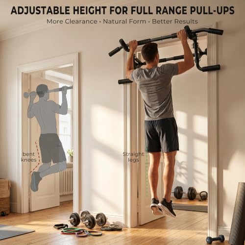 EAST MOUNT Doorway Pull Up Bar, Adjustable Height, Leave Installed, Full Range Pull-Ups, No Drill Home Gym Equipment, Multi-Grip Pull Up Bar, Holds up to 440 LBS