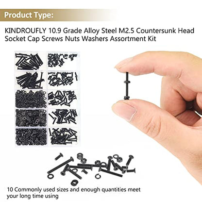 562 Pieces Black M2.5 x 4/6 /8/10 /12/16 /20mm Countersunk Head Socket Cap Screws Nuts Washers Assortment Kit, 10.9 Grade Alloy Steel - size: M2.5, style: Countersunk Head