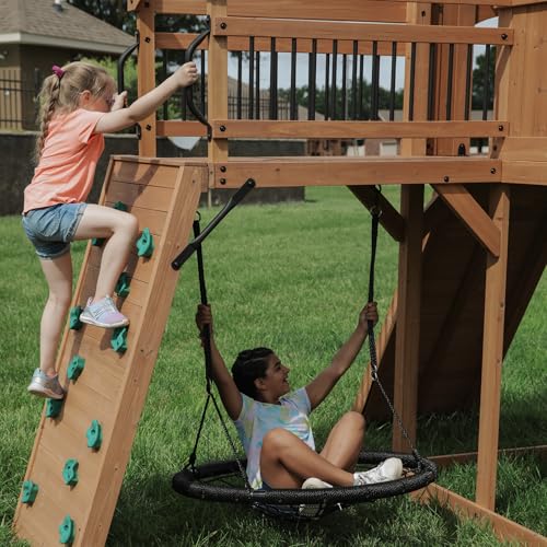 Backyard Discovery Sterling Point Cedar Wood Swing Set with Wave Slide, Raised Clubhouse, Wooden Bridge, Rock Wall, Belt Swings, Web Swing, Trapeze, Balcony, Climbing Wall, Ladder, Outdoor Playset - color: Yellow Slide, style: Cedar
