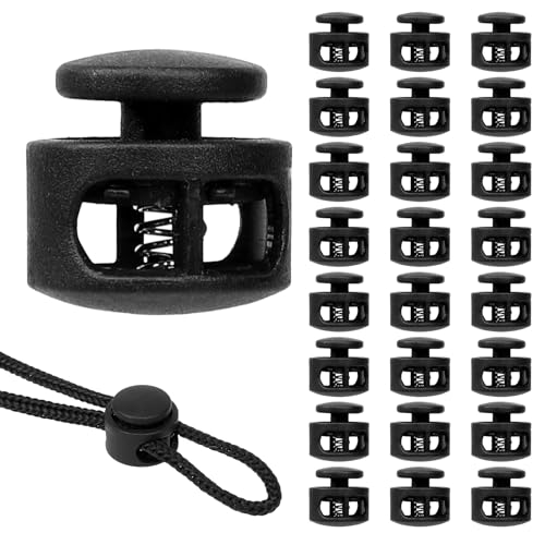 Giantree 24 Pack Spring Cord Lock, Double Hole Drawstring Stopper Fastener, Black Plastic Spring Cord Locks, for Drawstring Sweatpants Hat Hoodie String Clip Elastic Shoelace Lock Swim Goggles (24)