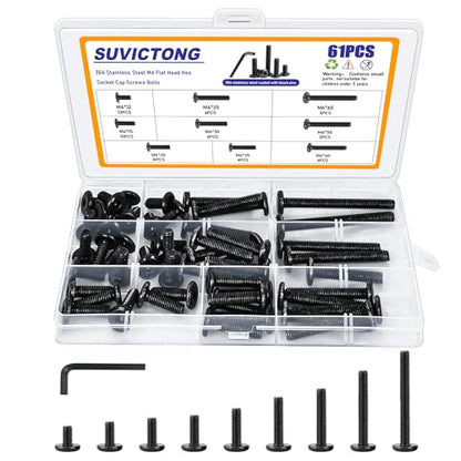 61Pcs M6 Flat Head Hex Socket Cap Screws Assortment Kit, M6 x 12mm/15mm/20mm/25mm/30mm/35mm/40mm/50mm/60mm Socket Cap Bolts,304 Stainless Steel 18-8, Full Thread, Black Oxide with Hex Spanner - size: M6