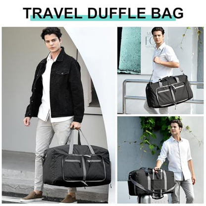 Dimayar 65L Foldable Duffle Bag, Travel & Weekender, Overnight, Gym | Lightweight, Carry-on, Packable, Waterproof & Tear Resistant, Travel Duffel Bag with Shoes Compartment for Men Women - color: Black, size: 65L