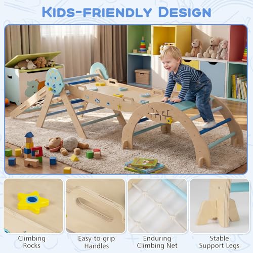 HONEY JOY Pikler Triangle Set, 9 in 1 Foldable Wooden Triangle Climber w/Arch, Ramp, Climbing Rope & Ladder, Baby Indoor Playground Jungle Gym, Montessori Climbing Toy for Toddlers (Blue) - color: Blue