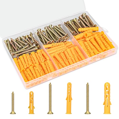 Aovchei Drywall Anchors Kit, 170pcs, 85 Plastic Drywall Anchors and 85 Philips Flat Head Screws, 3 Size #6 * 30#6 * 40#8 * 40, Wall Hanging Kit for Hanging Picture Frame, Shelf Brackets, Curtain Rod - size: #6*30 #6*40 #8*40