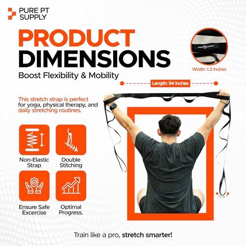 Pure PT Stretching Strap, 10 Loops, Non-Elastic Stretch Strap, Yoga Strap | Flexibility Training, Non-Elastic, Leg & Hamstring Stretcher, Rehab, Pilates, Home & Gym Use, Workout Guide Included
