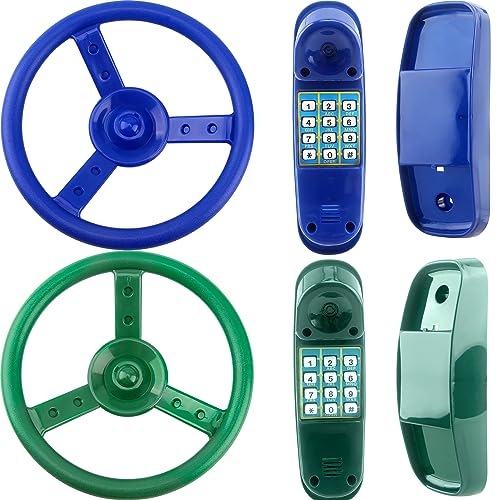 4 Pack Playground Accessories for Kids Outdoor Playground Steering Wheel Priate Ship Wheel Plastic Telephone Phone Toy Swing Set for Playground Backyard Playhouse Tree House (Green,Blue) - color: Green,blue