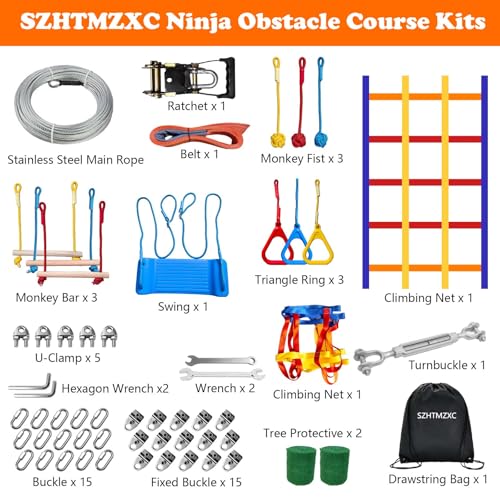Ninja Warrior Obstacle Course for Kids Backyard Outdoor, 55ft Stainless Steel Main Cable, No Sagging, No Fraying, Weatherproof, 11 Pcs Training Accessories, Monkey Bar, Climbing Net, Swing - size: 55FT 11Pcs