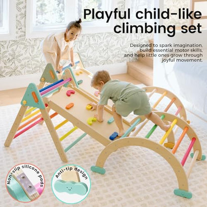 Tiny Land Pikler Triangle Set,7-in-1 Foldable Montessori Climbing Toys | Indoor Wooden Playground Jungle Gym for Kids, Climber Gift for Boys & Girls Toddler Climbing Toys (Rainbow)