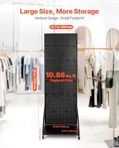 VEVOR Standing Pegboard Display with Base Plate, 23.7 x 66 in Pegboard Display Stand with Casters and 30 Hooks, Thickened Cold-Rolled Steel Peg Board Panel for Retail Store and Jewelry Shop, Black - style: Storage Style