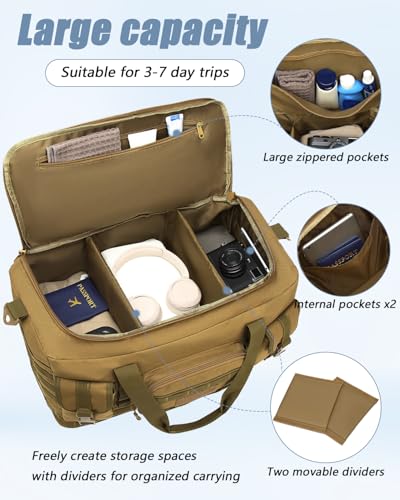 Tactical Duffle Bag - Gym Bag for Men with Shoe Compartment & Toiletry Bag | Carry on Luggage Mens Overnight Bag for Gym, Travel, Brown - color: Brown