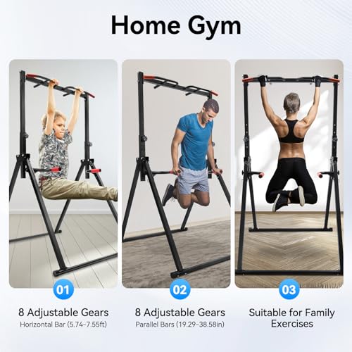 Foldable Power Tower Pull Up Bar, Free Standing Multi-function Power Tower Dip Station Adjustable Multifunction Workout Pull Up Tower Station Gym Strength Training Equipment 440 LBS Capacity