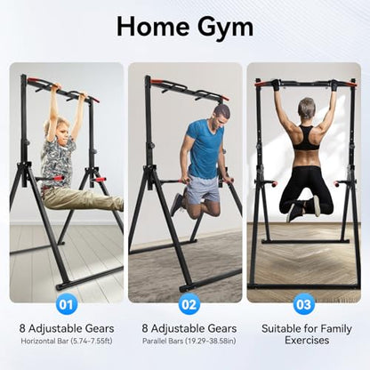 Foldable Power Tower Dip Station Pull Up Bar Station | with Double Bars 5.74ft-7.55ft Height Adjustable for Pull Ups, Dips, 440lbs Load Capacity