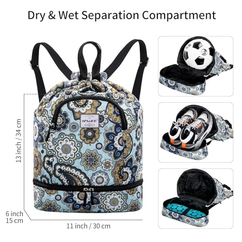 Dry Wet Drawstring Backpack with Shoe Compartment for Women Adjustable Gym Bag - color: Geometric Flower