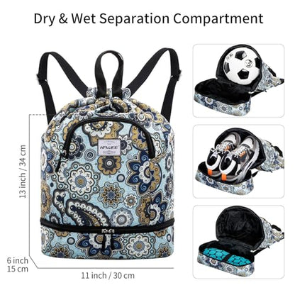 Dry Wet Drawstring Backpack with Shoe Compartment for Women Adjustable Gym Bag - color: Geometric Flower