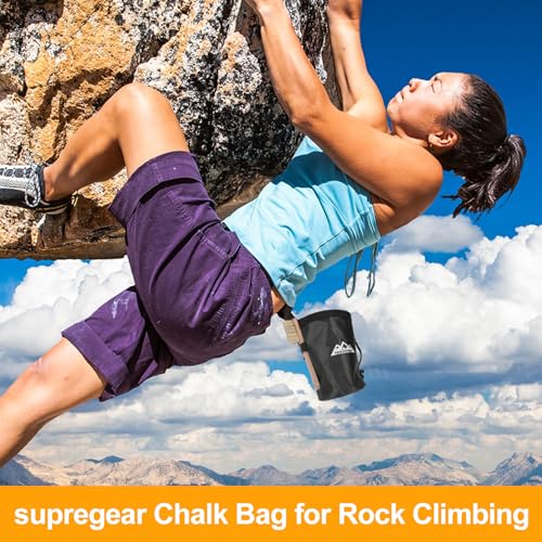 supregear Chalk Bag for Rock Climbing, Large Zipper Pocket with Brush Holder, Drawstring Closure, and Carabiner Clip, Ideal for Bouldering, Weightlifting, Gym - color: Black