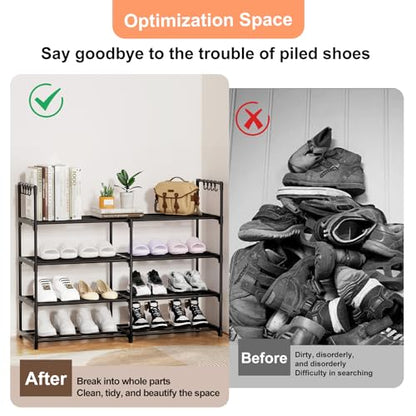 2 Rows 4 Tier Shoe Rack, Black Metal Stackable Shoe Shelf with Multifunctional Hooks, Hold 16-20 Pairs, Space Saving Shoe Organizer for Closet, Bedroom - size: 2 Row 4 Tier