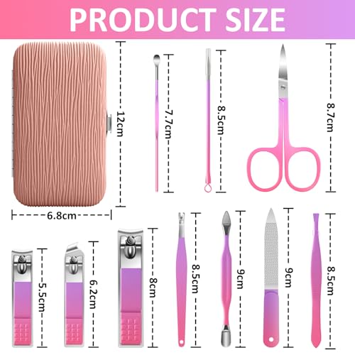BLESWIN 10 in 1 Manicure Pedicure Kit, Manicure Kit for Women Professional, Mens Nail Grooming Kit, Manicure Tools Gift for Luxury Leather Travel Case for Family Friends (Pink & Purple) - color: 5-Gradient Pink & Purple