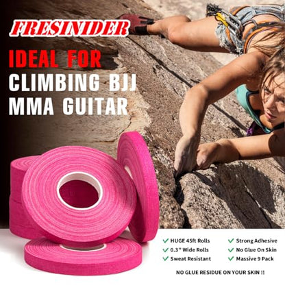 FRESINIDER Finger Tape - Strong Athletic Tape | 0.3” x 45 Feet (9 Pack) Tin Set | No Sticky Residue | for Rock Climbing, BJJ Jiu Jitsu, Grappling, Judo, MMA, Rock Climbing and Martial Arts (Pink) - color: Pink