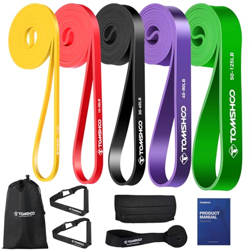 TOMSHOO Resistance Bands Set, Multiple Fitness Exercise Workout Bands with Storage Bag, Door Anchor, Pull Up Assistance Straps for Working Out, Body Stretching, Physical Therapy, More - color: 5Pcs (5-125lbs)