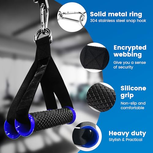 Ultra Heavy Duty Exercise Handles, Cable Handles Gym Equipment Attachment, Double D-Ring Grips, Encrypted Webbing, Blue Edge Design Non-Slip Comfort Grips - color: Blue