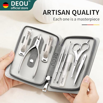 DEOU Premium Manicure Set 8 in 1, 420J2 Stainless Steel Pedicure Kit with Luxury Leather Case, Professional Grooming Tools for Travel & Home, Gifts for Men & Women - color: Gray