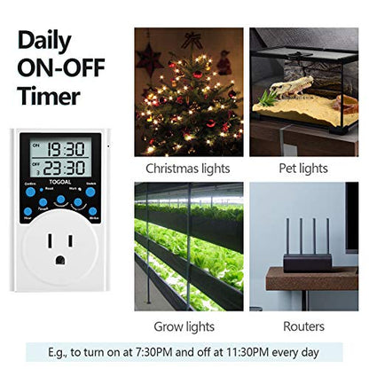 Digital Infinite Repeat Cycle Timer Plug with Countdown and 24 Hour Daily on-Off Programs for Electrical Outlets, Lights, Hydroponic Pumps (120V, 15A) [2 Pack]