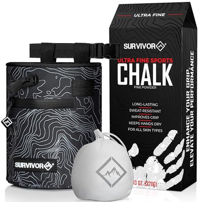 SURVIVOR Chalk Bag + Refillable Chalk Ball + 370g Ultra Fine Climbing Chalk Powder Bundle