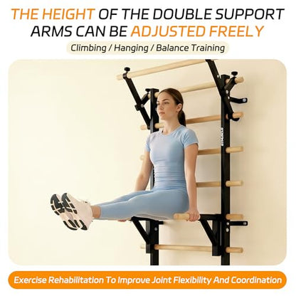 Wood Swedish Ladder Stall Bars with Adjustable Double Support Arms, Wooden Gymnastics Wall Climbing Bars for Home Gym, Exercise Rehabilitation, Hanging Pull Up & Core Balance Training Station