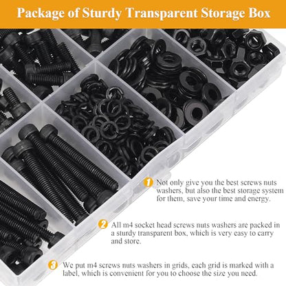 365 Pieces M4 Screws Nuts Washers Set Black, Sutemribor M4 x 6/8/10/12/16/20/25mm Hex Socket Head Cap Screws Nuts Washers Assortment Kit, 12.9 Grade Alloy Steel, Fully Threaded - size: M4 x 6/8/10/12/16/20/25mm Kit, style: Socket Head
