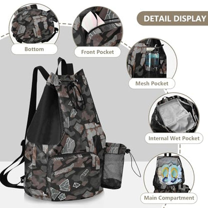 Drawstring Climbing Gym Bag With Water Bottle Holder Drawstring Backpack with Wet Dry Compartments Camouflage Metal Brown Fragment Dark