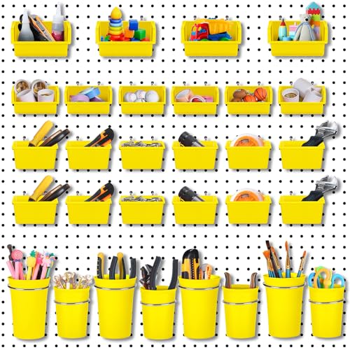 Roowest 60 Pcs Pegboard Cups Pegboard Bins Set, Wall Organizer with Hooks and Loops, Hooks Assortment Organizer Accessory for Office Storage Garage Craft Workshop(Yellow) - color: Yellow