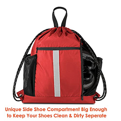 BeeGreen Red Drawstring Backpack Gymsack Bag with Shoe Compartment and Two Side Mesh Pockets Lightweight Durable Sports Cinch Sackpack 1 Pack for Women Men Workout Swim - color: Red, style: Drawstring With Shoe Compartment