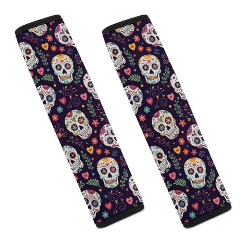 2 Pack Universal Soft and Comfortable Car Seat Belt Pad for Girls and Boys, Stroller Pushchair High Chair, Day of The Dead Sugar Skulls Hearts Flowers Shoulder Protector - color: Pattern 1111