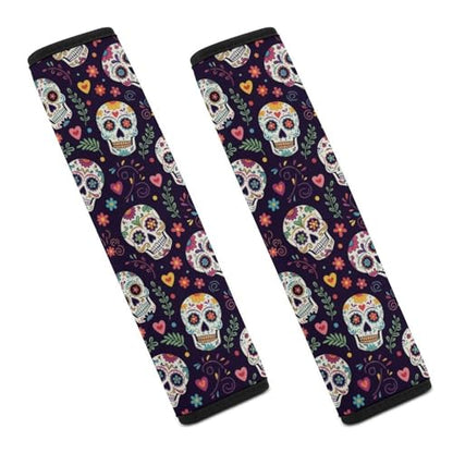 2 Pack Universal Soft and Comfortable Car Seat Belt Pad for Girls and Boys, Stroller Pushchair High Chair, Day of The Dead Sugar Skulls Hearts Flowers Shoulder Protector - color: Pattern 1111