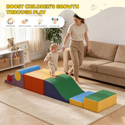 Soft Climbing Toys for Toddlers, 7-Piece Foam Climbing Blocks with PU Leather Cover, Modular Climb and Crawl Activity Play Set for Indoor Playroom (Classic) - color: Classic