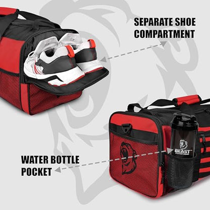 Beast Power Gear Gym Duffle Bag- Workout, Boxing, MMA, Sports Bag with Shoes Compartment and Adjustable Shoulder Strap for Men and Women (Red) - color: Red