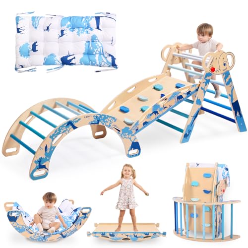 WINGYZ Pikler Triangle Set, Montessori 8-in-1 Foldable Climbing Set | Reversible Animal Slide, Patent-Protected Jungle Gym, Safe 2.35in Gap, ASTM F963 Standards for Toddlers 18M-5Y, Blue - color: Blue