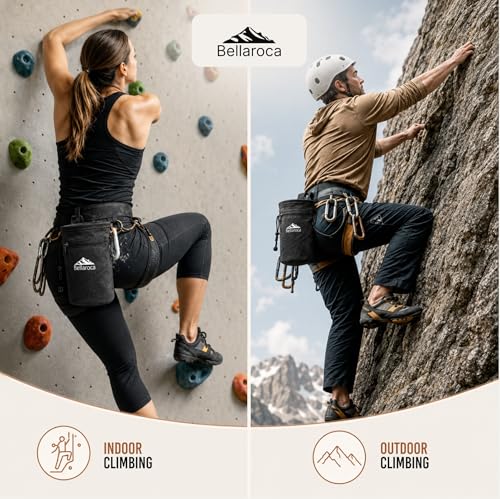 BELLAROCA® Climbing Chalk Bag with Waist Belt and Carabiner – Rigid Rim, Fleece Lining and Anti-Spill Drawstring Chalk Pouch for Rock Climbing and Bouldering
