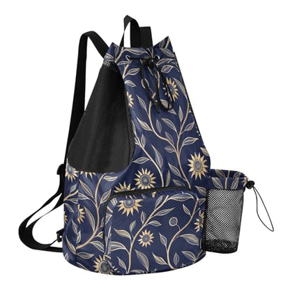 Drawstring Bags Climbing Gym Bag With Pockets Cinch Back Sack Wet and Dry Separation Sunflower Dark Blue