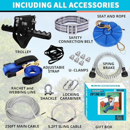 Zip Line Kit for Kids Adults : Up to 380Lbs 250FT Quick Tighten Zipline for Backyard Outdoor with 100% Rust Proof Removable Trolley Seat Spring Brake - size: 250ft